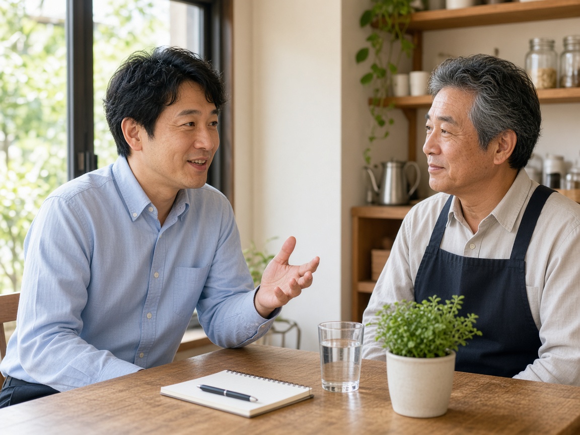 店舗オーナーと打ち合わせをしている様子